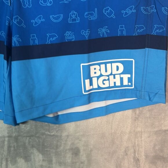 NWT New Bud Light Blue Swim Summer Board Trunks Shorts with Pockets Large - Picture 5 of 10